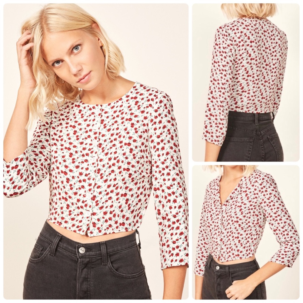 Reformation White Blouse with Red Floral Print